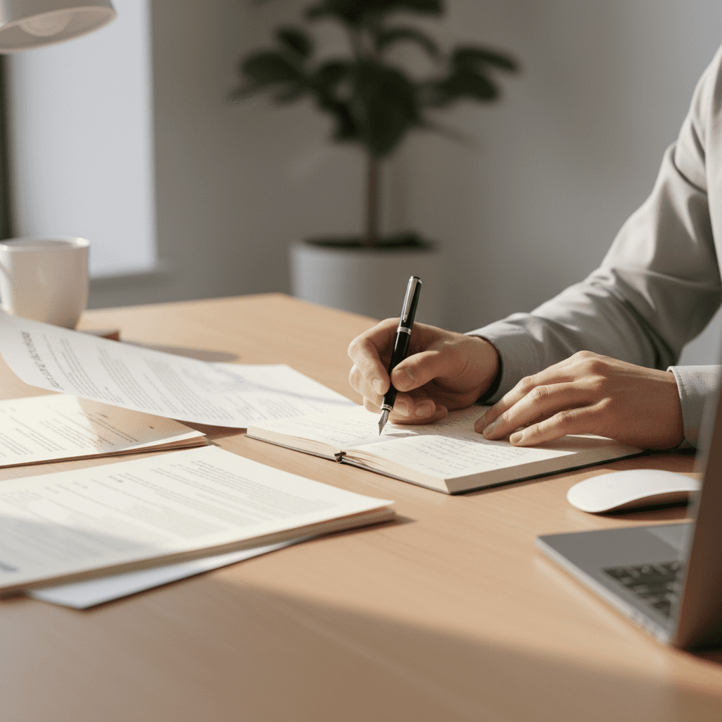 Professional's hands reviewing documents and writing notes at organized minimalist desk with soft natural light